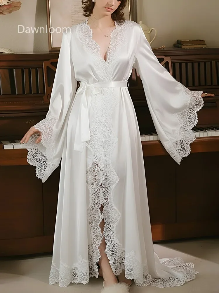Dawnloom Women's Luxury Lace Trim Train Robe Long Exquisite Embroidery Morning Gown High-End Home Loungewear