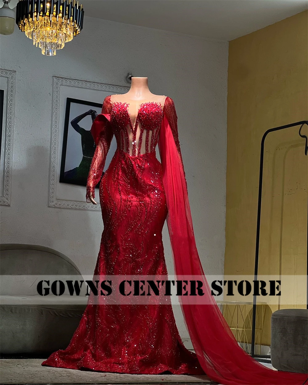 Active Red Beaded Long Sleeve Mermaid Evening Gowns For Elegant Wedding Party See Thru African Crystal Special Customized