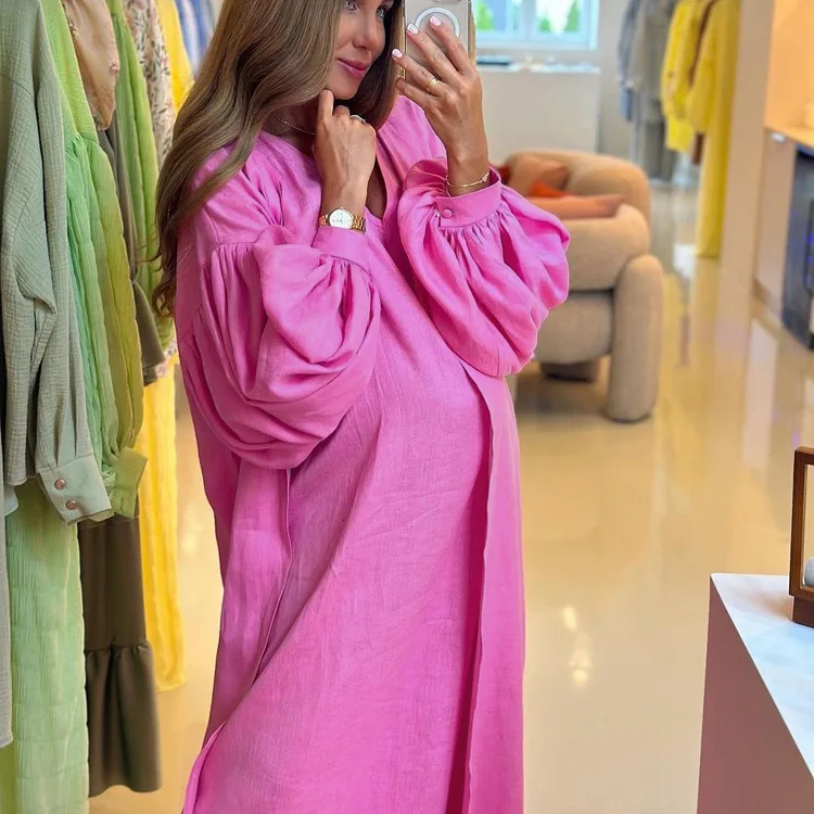 Clacive Fashion Loose Pink Linen Dress Sets For Women 2 Pieces Elegant Long Sleeve Robes With V-Neck Sleeveless Long Dresses Set