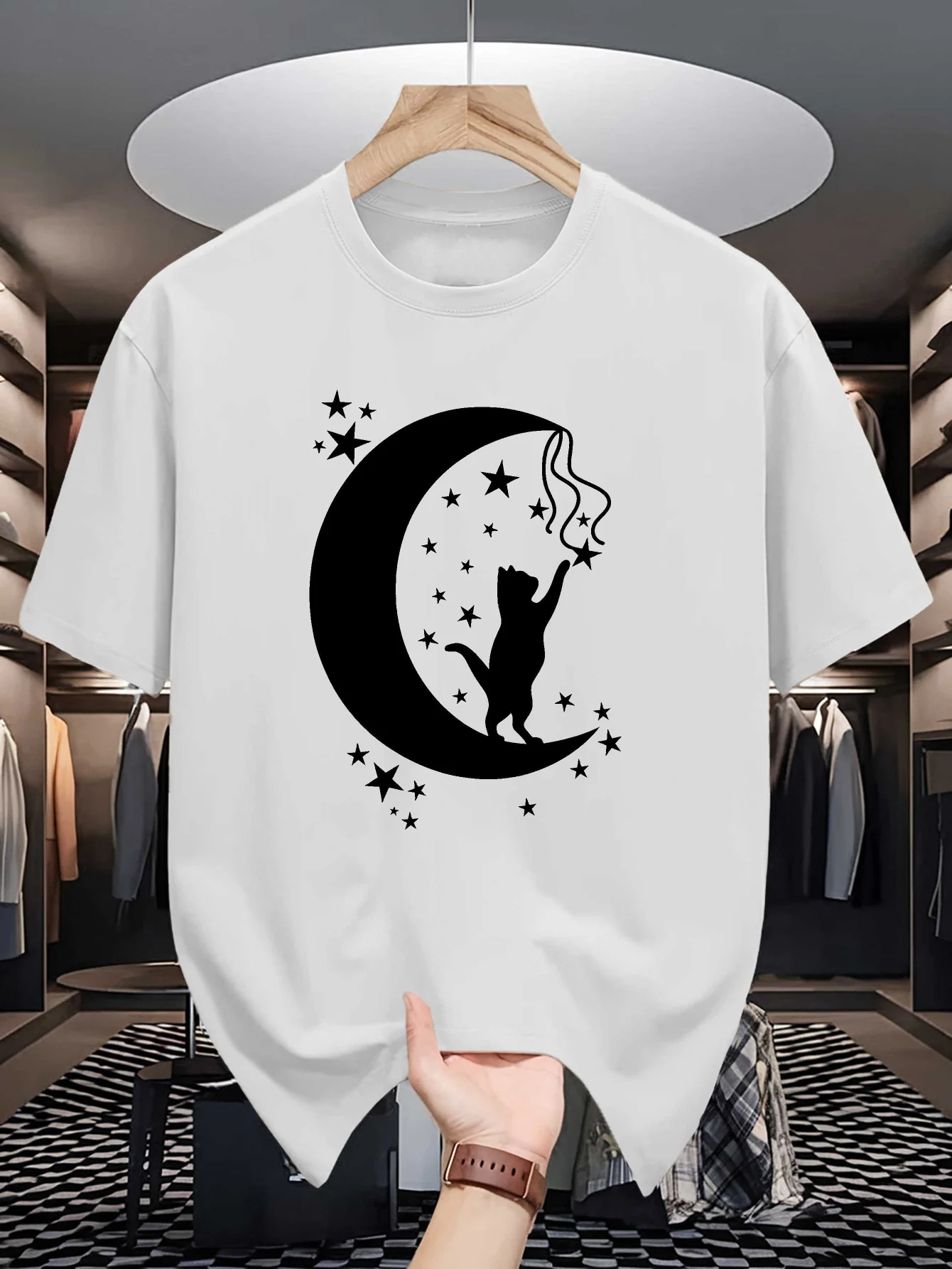 Mens Crew Neck T Shirt Mystical Black Cat Moon Star Silhouette Graphic Short Sleeve Casual Cotton Animal Lover Daily Street Tees