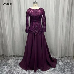 Customized Charming Purple Plus Size Lace Appliques Chiffon Mother Of The Bride Dresses Long Sleeves Wedding Party Gowns