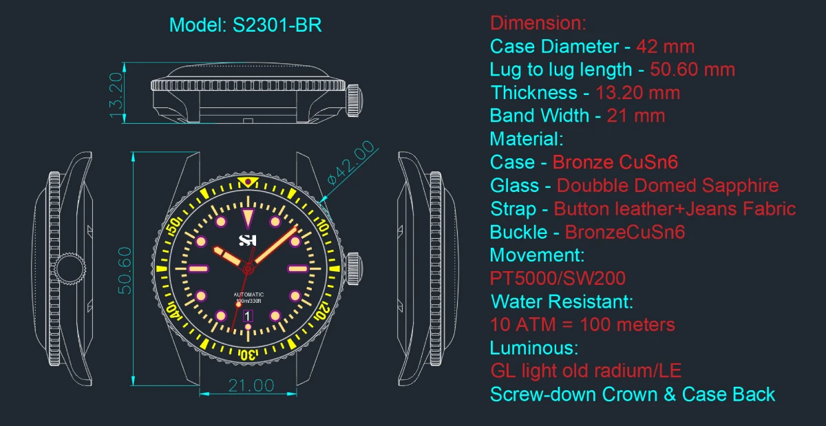 SEA HORIZON SH01 SH02 Herren Bronze Automatik-Taucheruhr CuSn6 42mm PT5000 SW200 Doppelt gewölbtes Saphirglas 100M – Detail 2