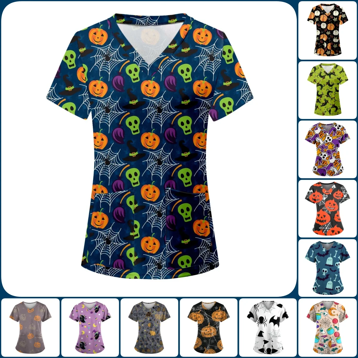 Medical Uniform for Women Halloween Pumpkin Cobweb Print Curable Nursing Tops Terror Spider Short Sleeve Scrubs Uniform Woman