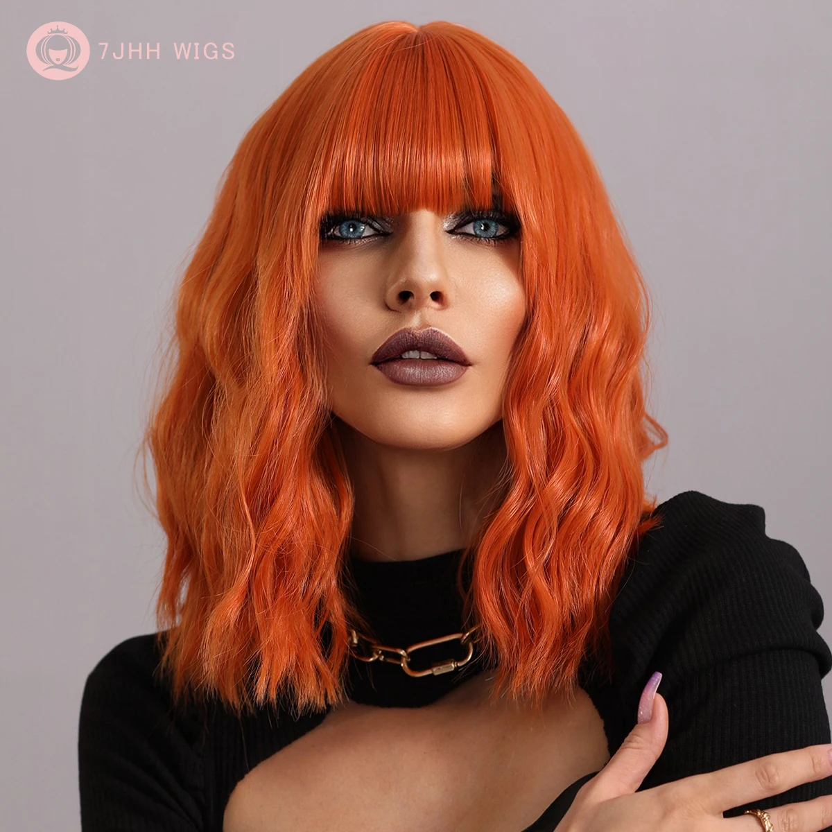 7JHH WIGS Synthetic Short Bob Wavy Wigs with Bangs for Women Halloween Cosplay Wig Heat Resistant Fiber Natural Orange Wig