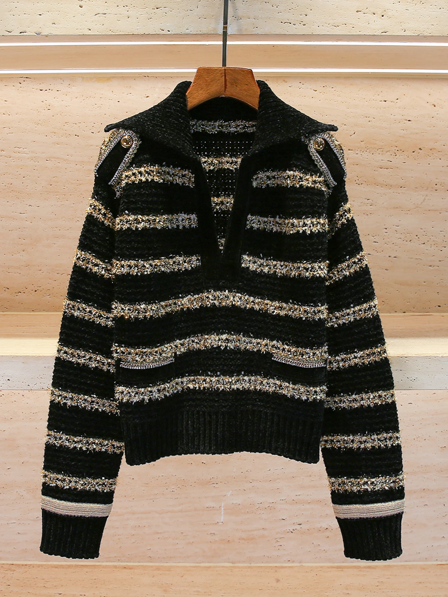 

Высококачественный женский свободный вязаный свитер с воротником и полосками для осени и зимы, удобная дышащая повседневная одежда