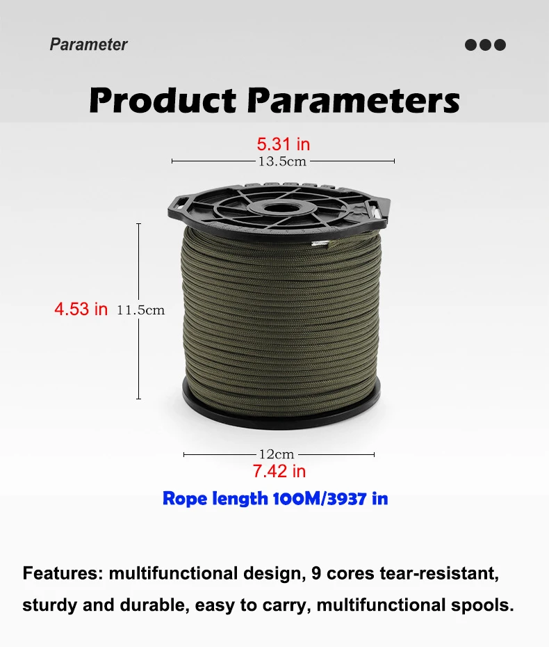 キャンプ用アンブレロープ、登山用ロープ、レスキューロープ、ブレスレット、織りジュエリー、装飾、9コア、100m