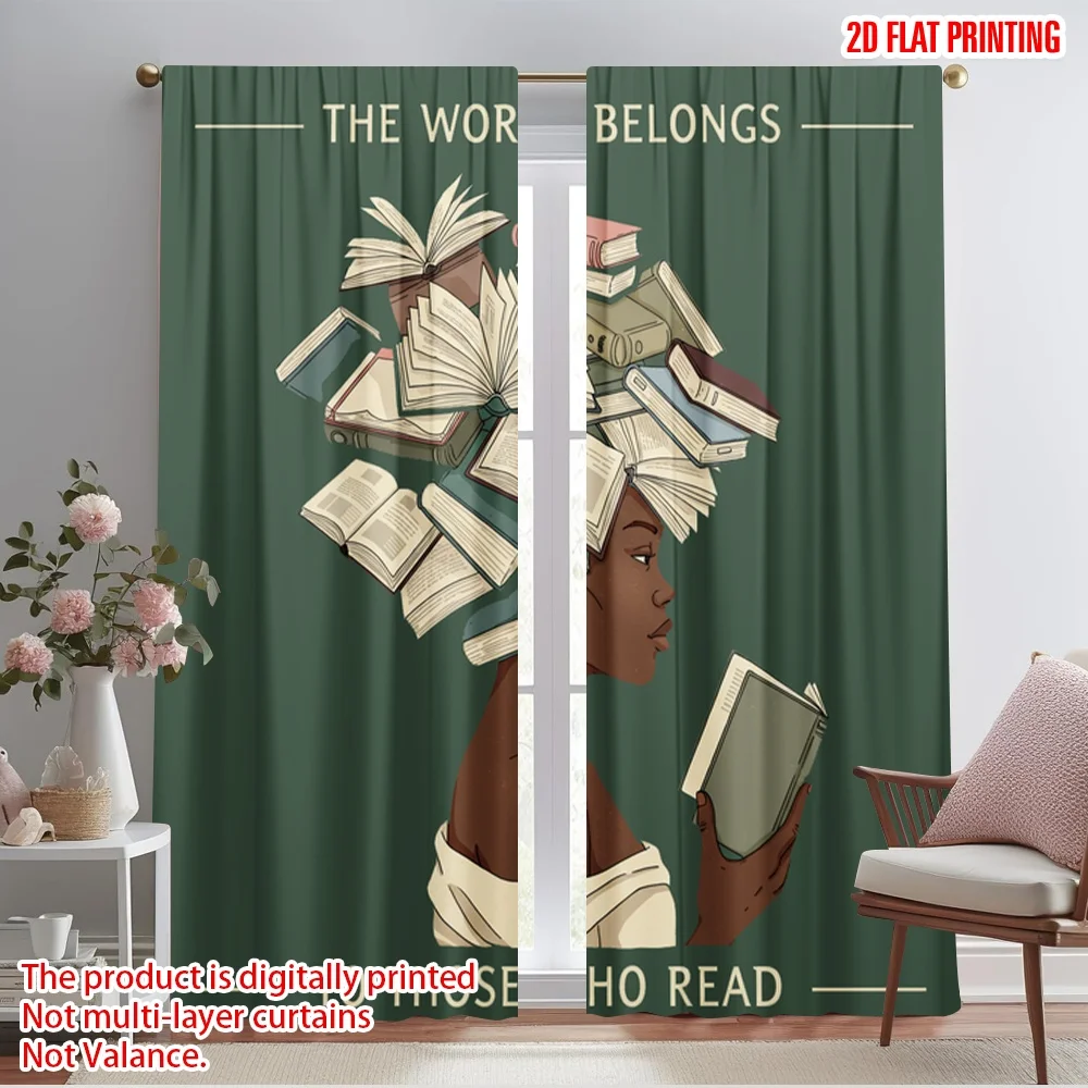 

2pcs 2D flat printing Curtains Books Belong Read Wisdom Polyester Without Electricity Holiday Decorations Use for Holiday Party
