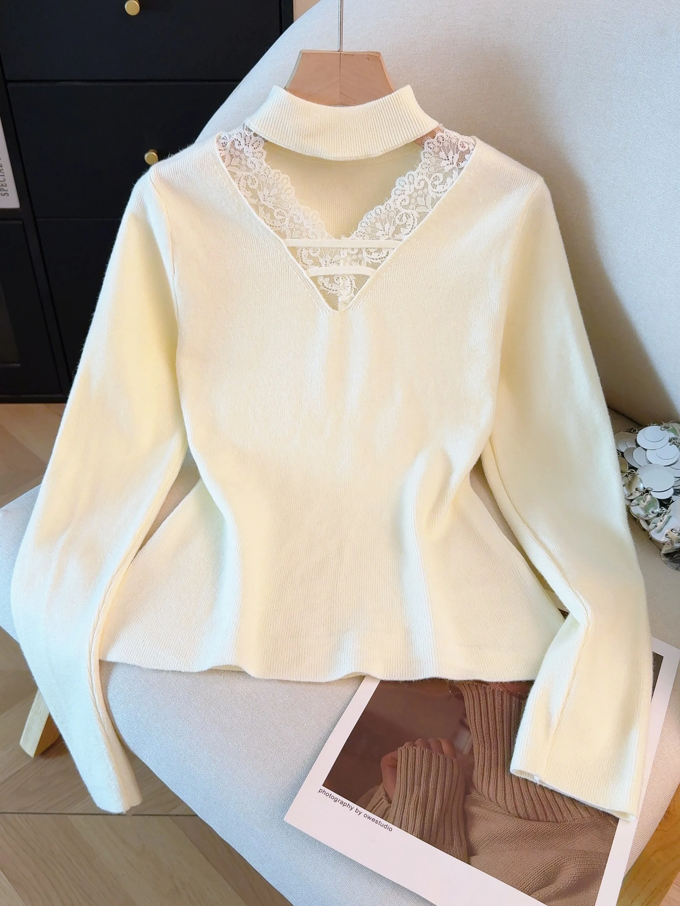 Ele Long Sve Spitzen-Strickoberteil für Damen, Basisschicht, Irt V-Ne, koreanisches SLE, weich, warm, Winterfaion, kleine Größe, freundlich