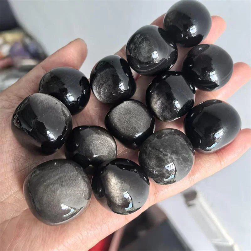 High Quality 20-30mm Loose Gemstones Tumbled Gemstones Natur Strong Flash Silver Sheen Obsidian Tumbled Stones
