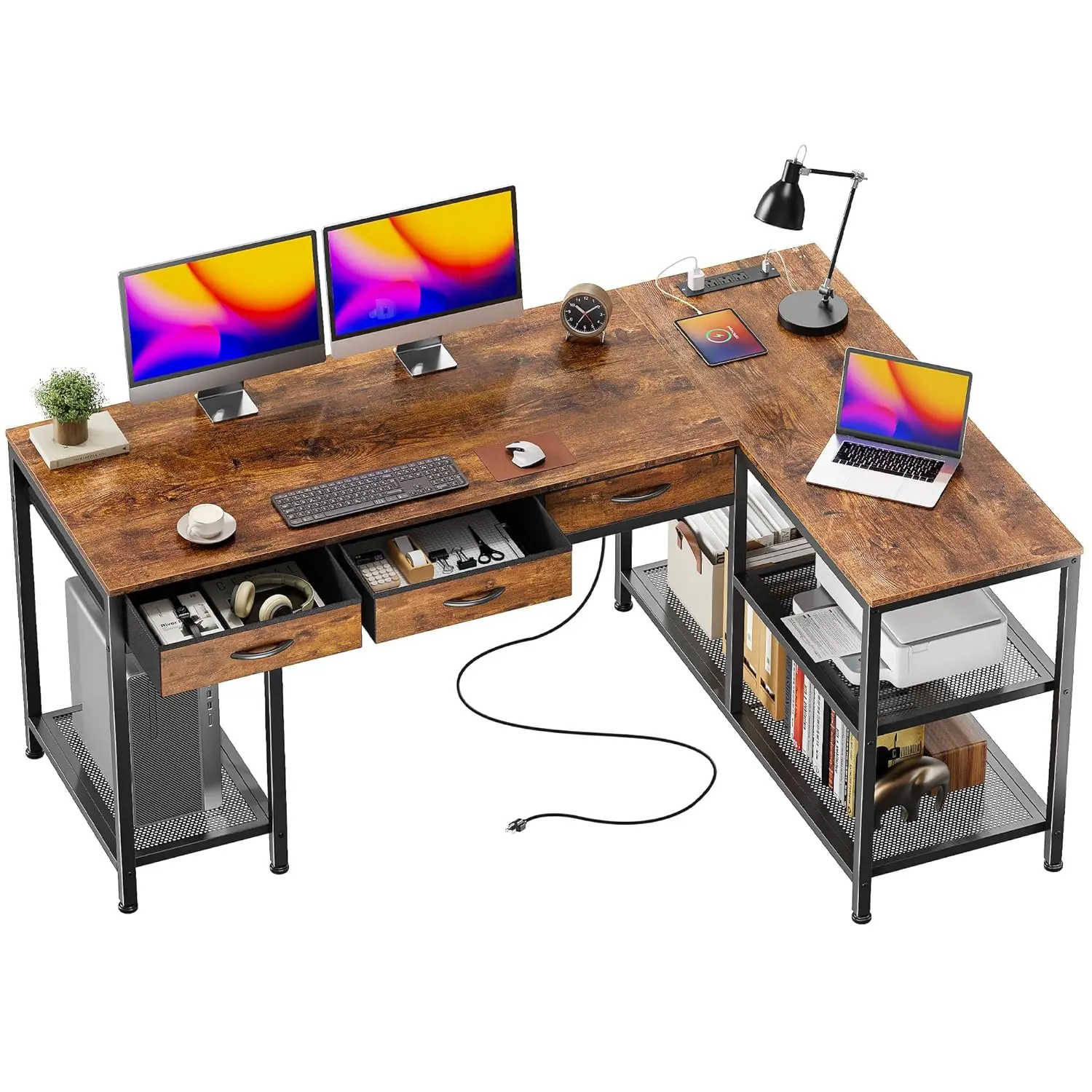 

L-Shaped Office Desk Power Outlets Type-C 3 Drawers Mesh Shelves Corner Study Workstation Rustic Brown Customized