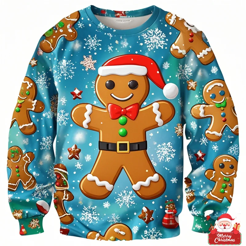 Brzydkie świąteczne swetry Gingerbread Man 3D Funny Print Holiday Party Xmas Sweatshirt For Party Birthday Xmas Boy Sweatshirt 2024