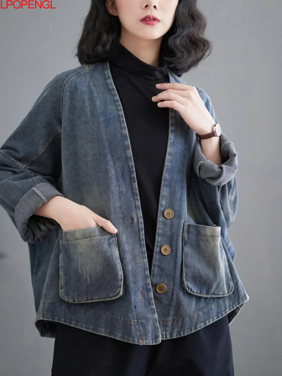 

Women's 2024 Solid Spring Personalized 3d Pocket Short Loose Retro Long Sleeved Single Breasted V-neck Streetwear Denim Jacket