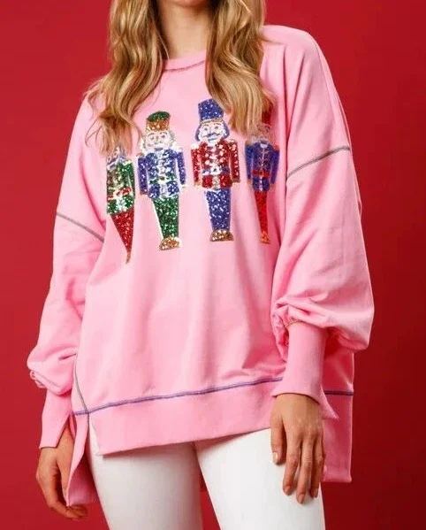 Christmas Sweater Sequin Y2k Nutcracker Graphic Printed Pullovers Round Neck Long Sleeve Streetwears Autumn Winter Oversize Tops