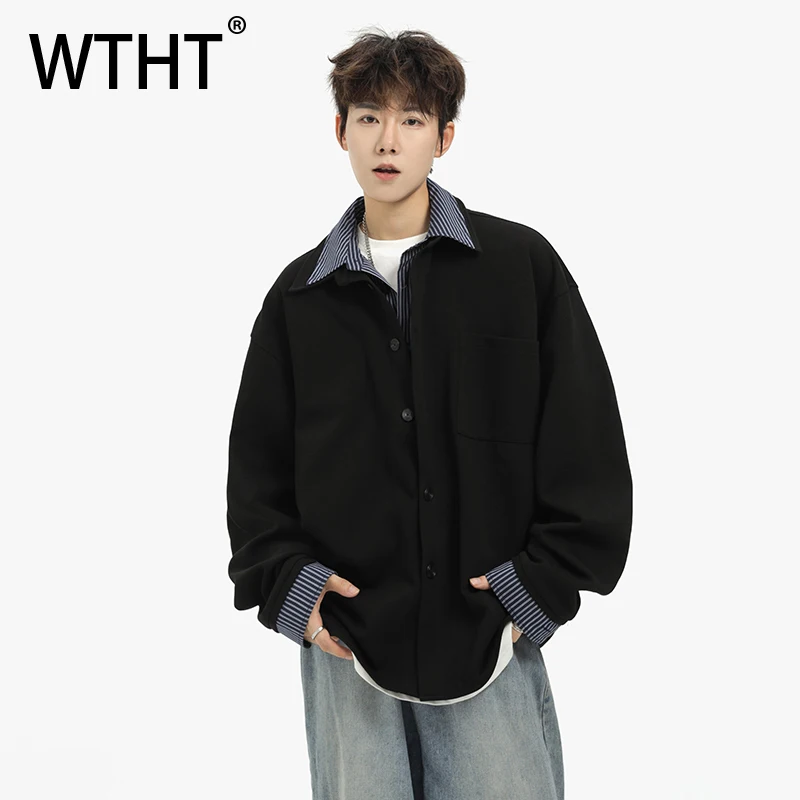 

Мужской модный свитер WTHT с имитацией двухслойности, в полоску, свободного кроя, с отложным воротником, на одной пуговице, весна 2026, модель 2A2720