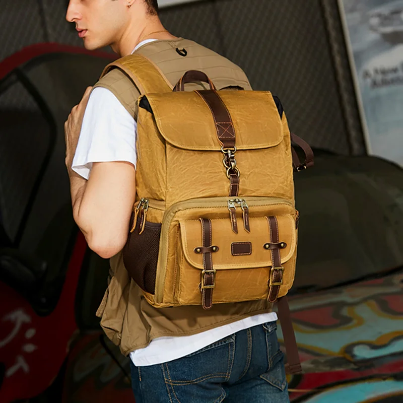 Vintage Camera Backpack Large Capacity DSLR SLR Waterproof Waxed Canvas Bag Pack Photo Case with 15.6 inch Laptop Compartment