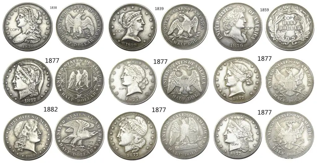 

USA A Set Of(1838-1882) 9pcs Different Head Half Dollar Patterns Silver Plated Copy Coin