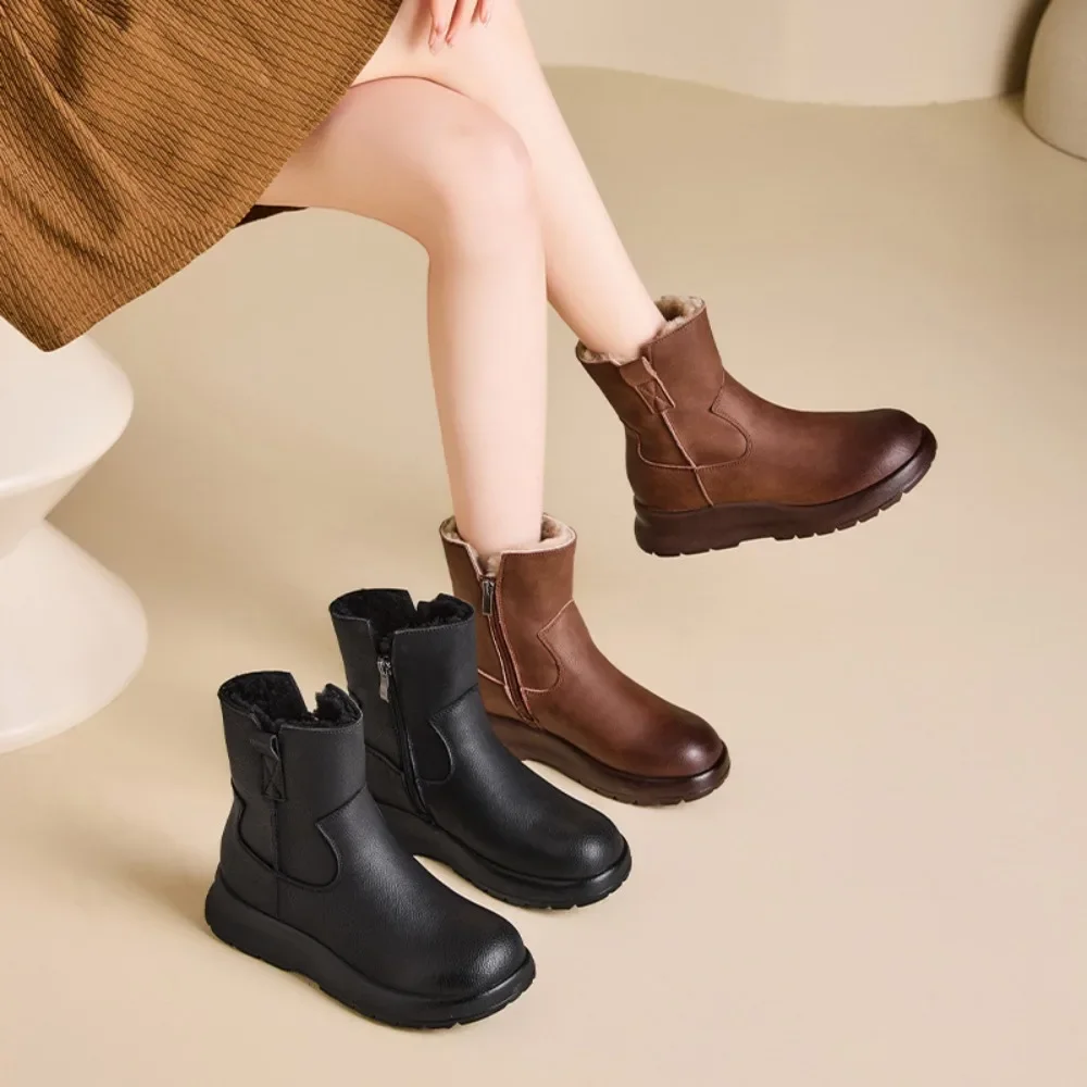 Women's 2026 Winter New Ankle Boots for Women Leather Retro Snow Boots  Thickened Warm Cotton Shoes Fur Integrated Women's Boots