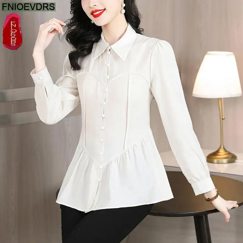 S-3XL 2023 Vrouwen Europese Stijl Kantoor Dame Werk Formele Basic Shirt Ruches Buik Tuniek Peplum Top Blouses