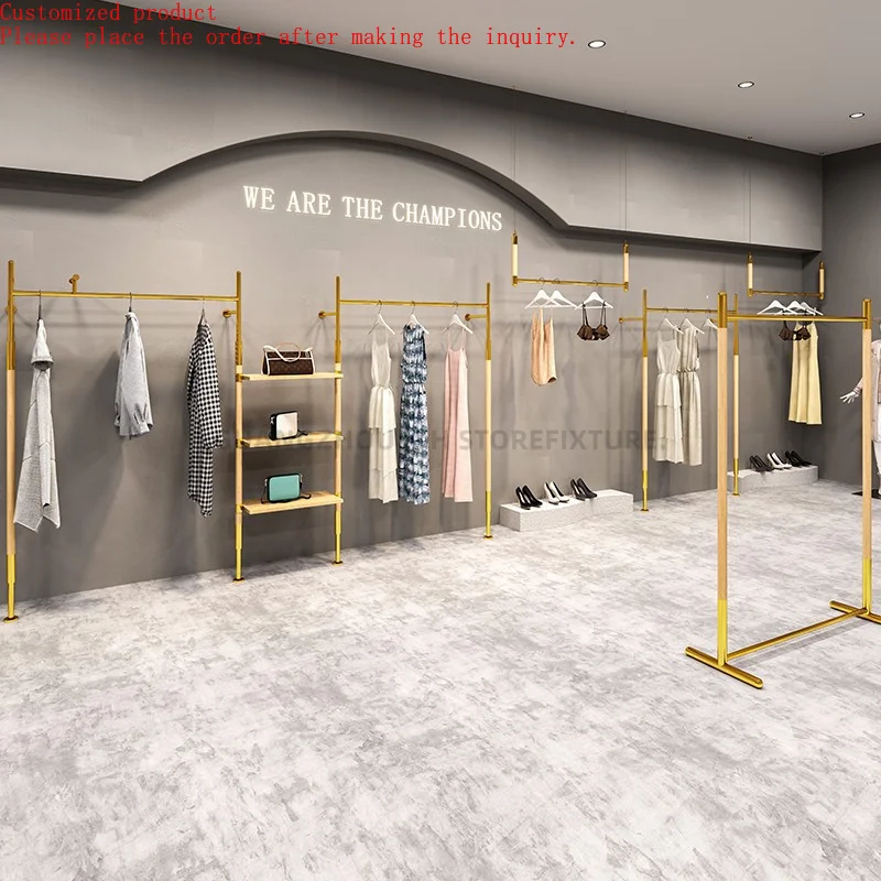 

Cosmetic Store Display Shelves Stainless Steel and Wood Clothing Racks for Men Clothing Store Wall Mounted Kids Display Stand