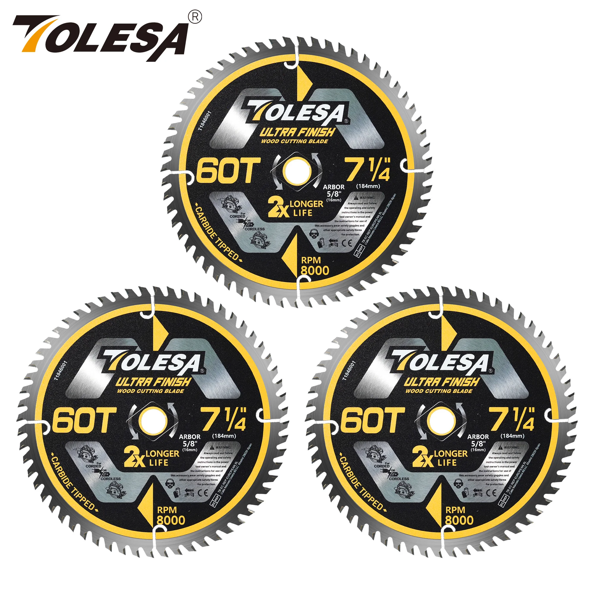 

TOLESA 7-1/4" Circular Saw Blade 60 Teeth with 5/8" Arbor ATB Carbide Teeth Cutting Framing Saw Blades for Cutting Wood,Plywood