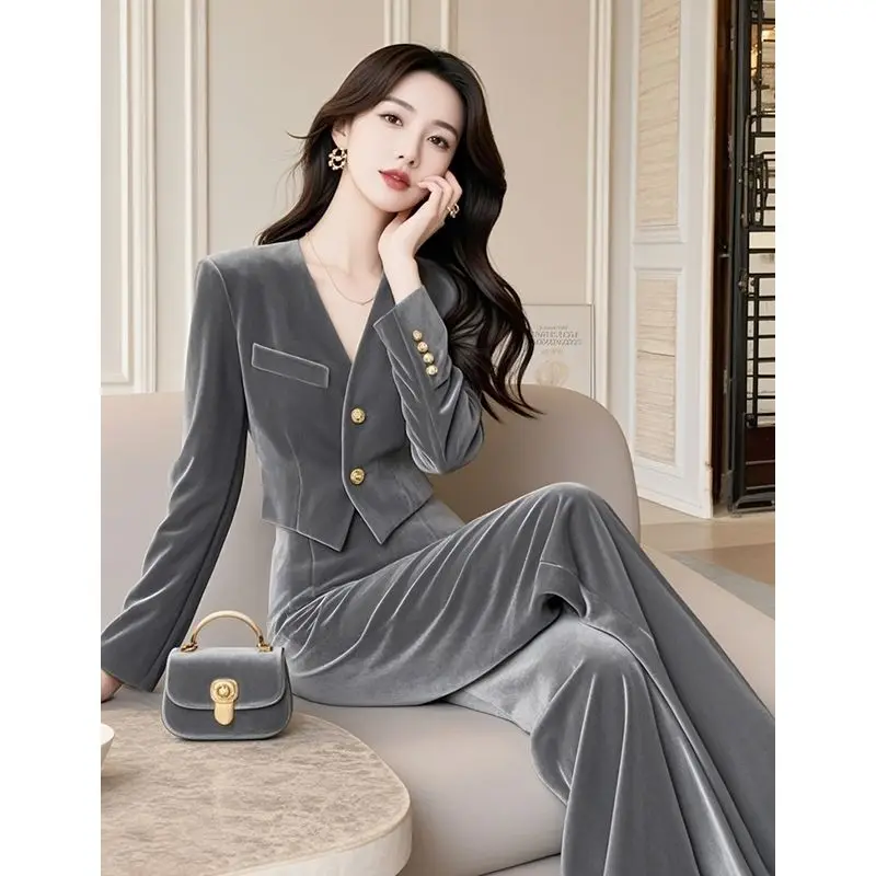 Advanced Elegant Beautiful Women\'s Clothing High-end Fashion Temperament Small Fragrance Style Velvet Top and Pants Set Autumn