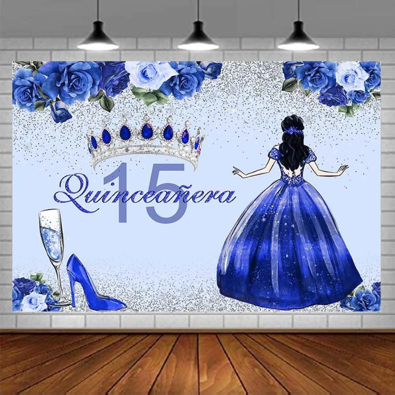 Quinceañera 15th Birthday Photography Backdrop For Girls Blue Dress Crown Background Blue Flowers And High Heels Shoes Decor