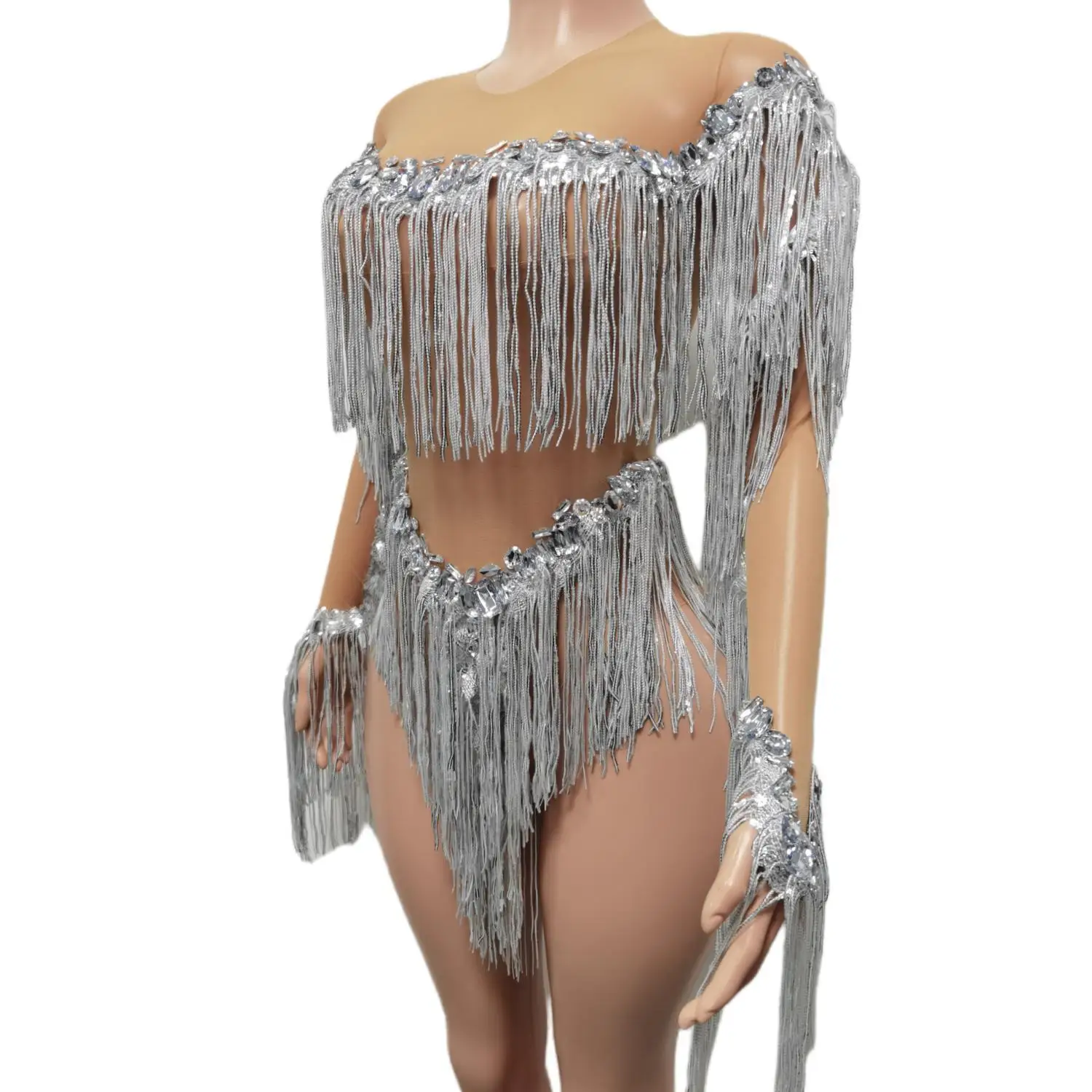 Silver Sparkly Rhinestone Fringe Bodysuit Women Sexy Dancer Show Celebrate Outfit Prom Birthday Party Nightclub Costumes Weixiao