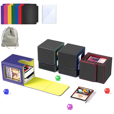 Trading Card Storage Box with Display Window Card Deck Box Holds 120+ Single Sleeved Cards Magnetic PU Leather Case for MTG TCG