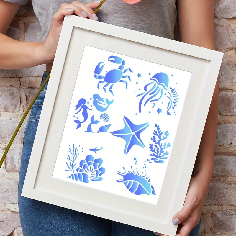 16pcs DIY Mermaid Ocean Turtle Dolphin Spray Painting Stencils Reusable Plastic Templates For Fabric Wood Paper-Craft Supplies