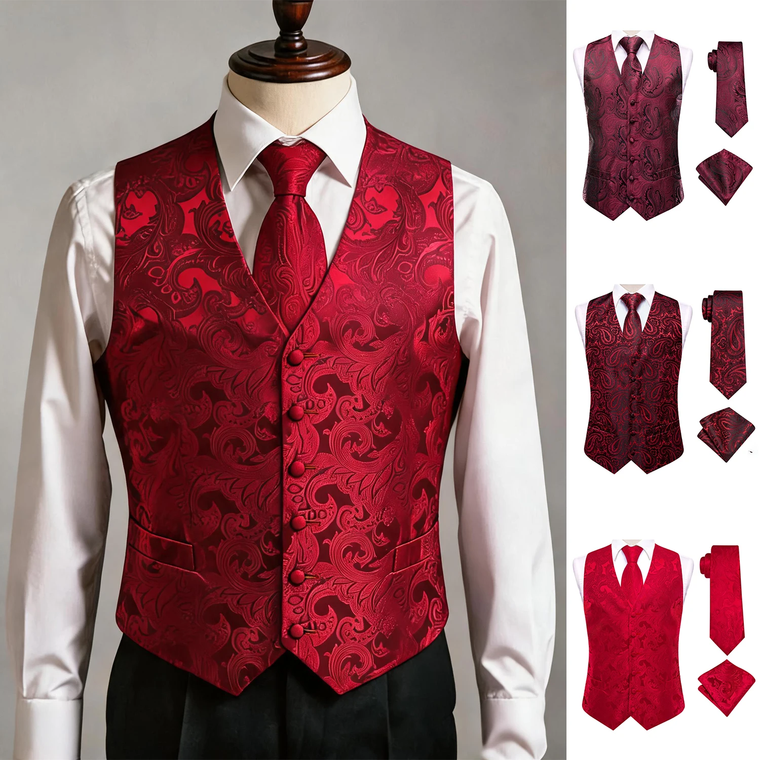 Red Men Vest Three-Piece Suit Set, Dress Waistcoat with Tie and Pocket Square for Party Ceremony