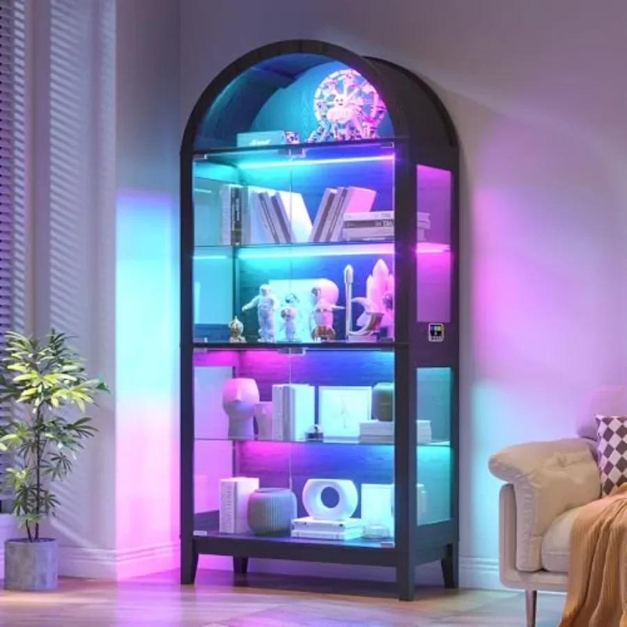 Arched Glass Display Cabinet for Living Room, Tempered Glass Metal, Black, RGB LED Lighting Adjustable Shelves