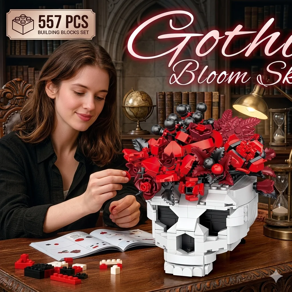 

Набор строительных блоков «Готический череп и роза» (557 деталей), MOC DIY, темный эстетический цветочный букет, модель из кирпичиков, декор для дома, игрушка-подарок для мужчин и женщин
