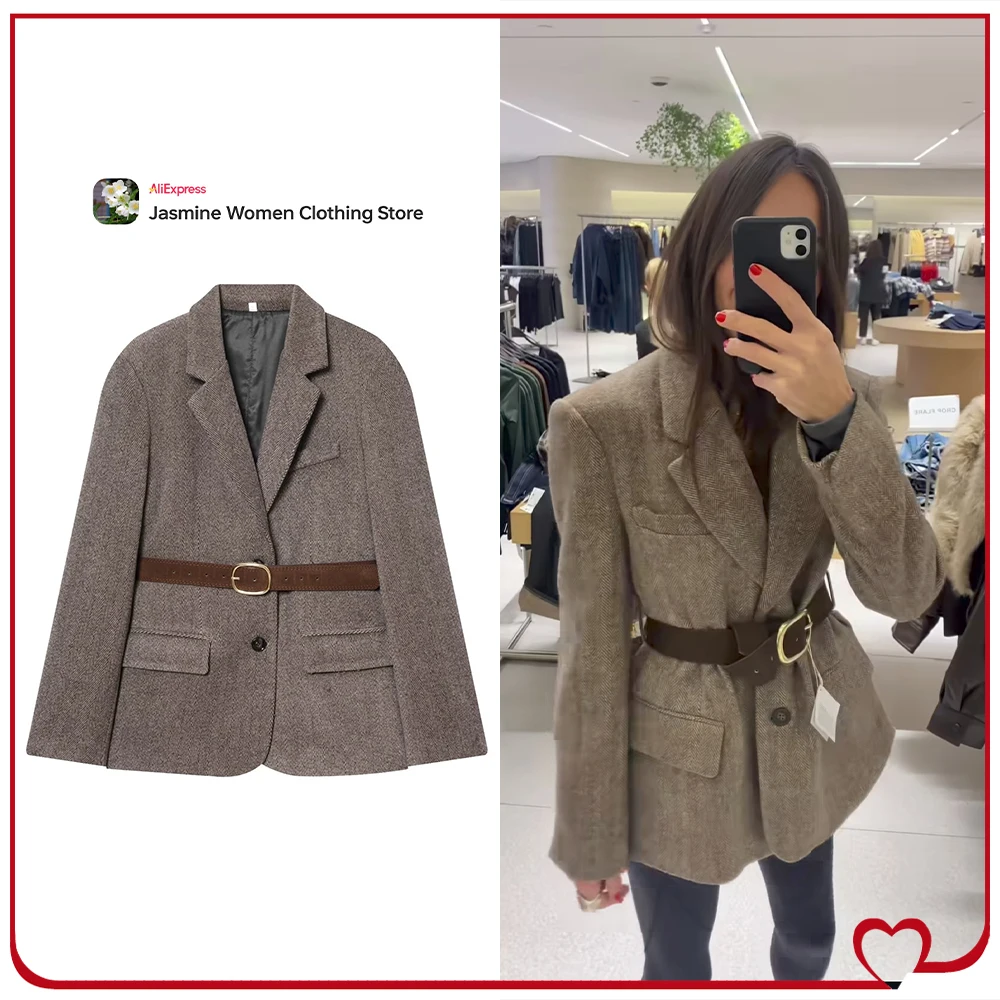 

Винтажные блейзеры с поясом «елочка» для женщин, осенние коричневые костюмы с поясом, блейзер с длинными рукавами, воротником с лацканами и подплечниками