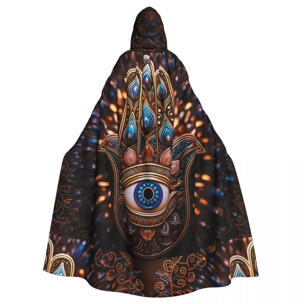 Hooded Cloak Polyester Unisex Witch Cape Costume Accessory Hamsa Hand Featuring Central Eye Representing Protection Elf Purim