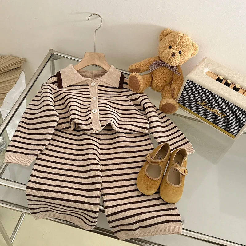 New Arrival Spring Autumn Baby Girls Clothes Set Brown Striped Turndown Collar Knitted Sweaters Coats Cardigans Wide Leg Pants