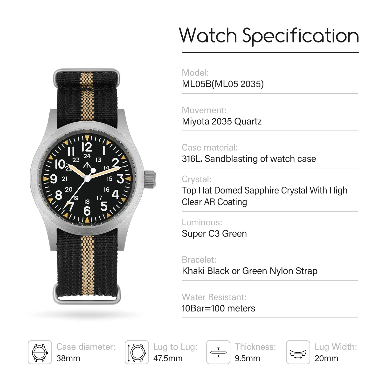 Militado ML05B 38mm Quartz Watch Miyota 2035 Movement Watches Domed Sapphire Crystal Luminous 100m Waterproof Watches