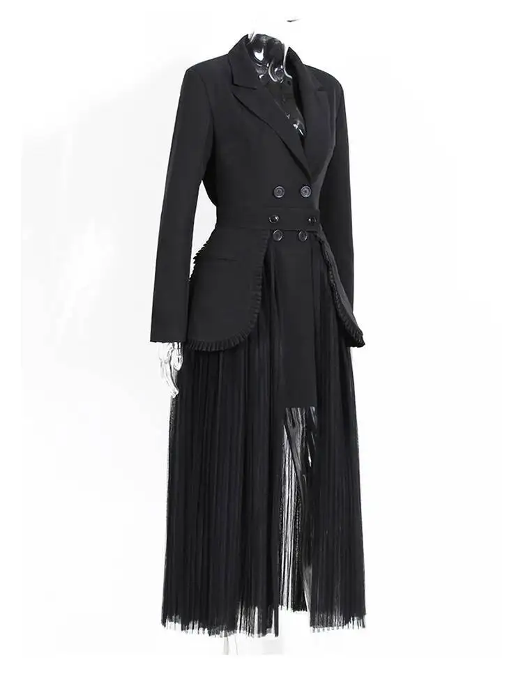 

Skirt Pleated Mesh Half-body Two Pieces Suit New Lapel Long Sleeve Black Loose Women Fashion Spring Autumn 2026 PWS9