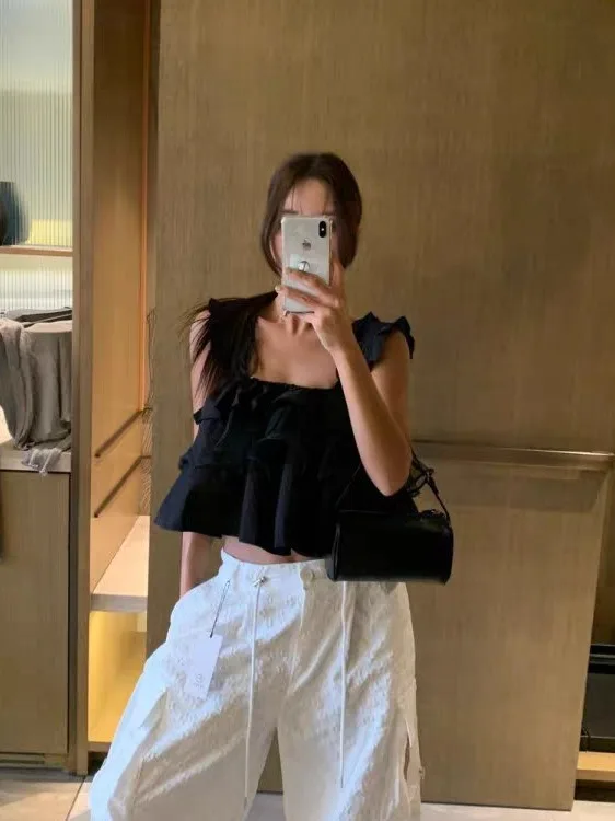 سترة قصيرة مكشكشة أنيقة للنساء باللون الأبيض بتصميم حلو إحساس صيفي يقاوم علامات تقدم السن نمط جديد للتنقل الرياح لون نقي مواد... #2