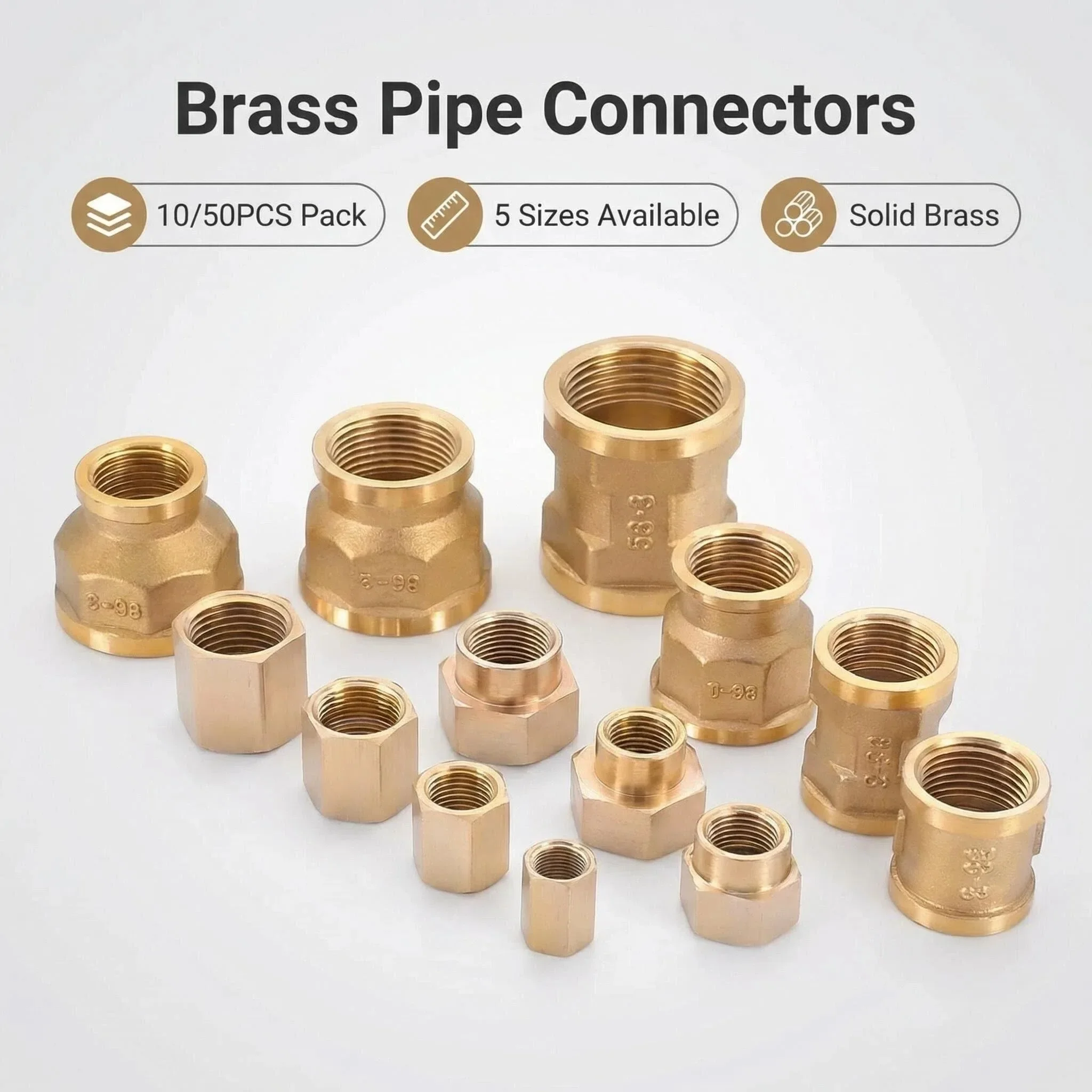 10/50PCS Brass Female to Female Threaded Hex Bushing Pipe Connectors - Brass Coupler Adapter Fitting (1/8
