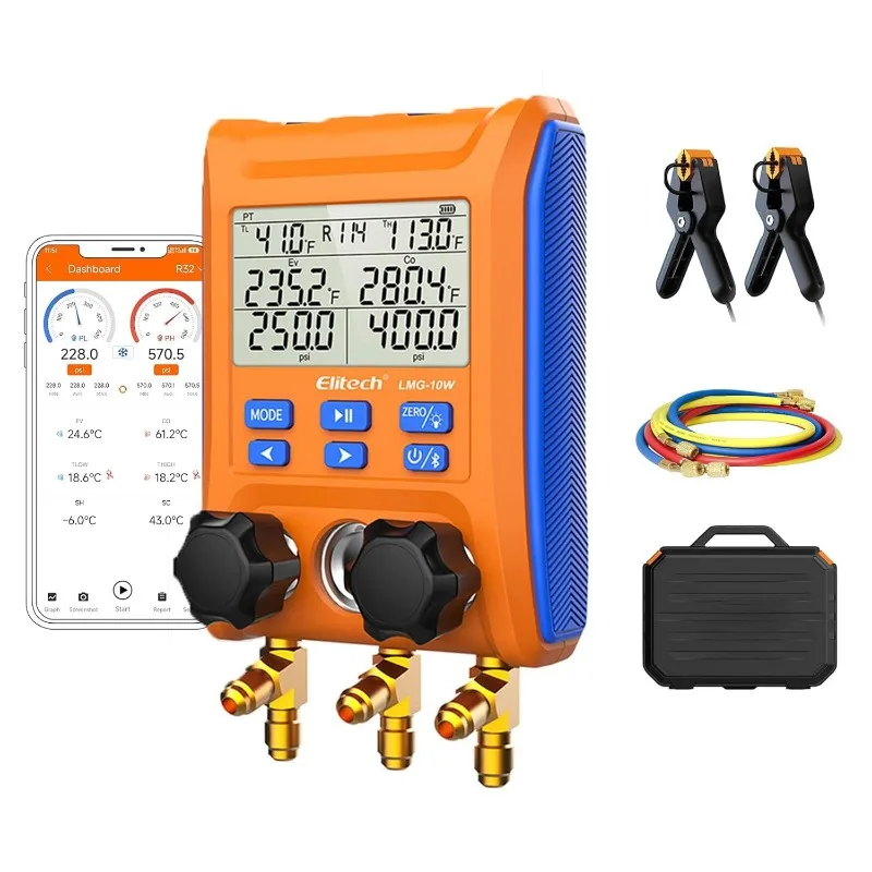 Wireless Digital Manifold Gauge Set Data Logging Refrigerant HVAC Gauges with Hoses, Temperature Clamps, LMG-10W