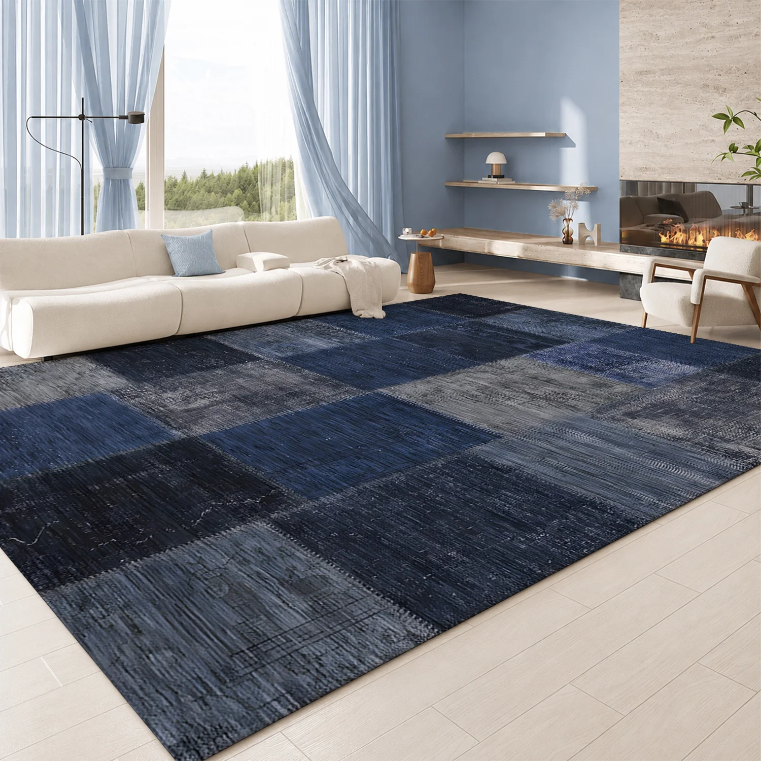 Large Indoor Area Rug, Soft Velvet Low Pile with Non-Slip Dotted Backing, Machine Washable Distressed Patchwork Blue Gray Square Rug for Living Room, Bedroom, Home Decor
