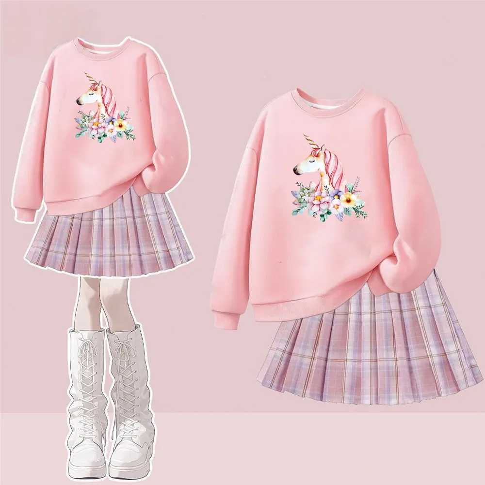 Girls Daily School Clothing Set Unicorn Flower Graphic Sweatshirt + Plaid Pleated Skirt 2‑Pcs Lightweight Spring‑Autumn Outfit