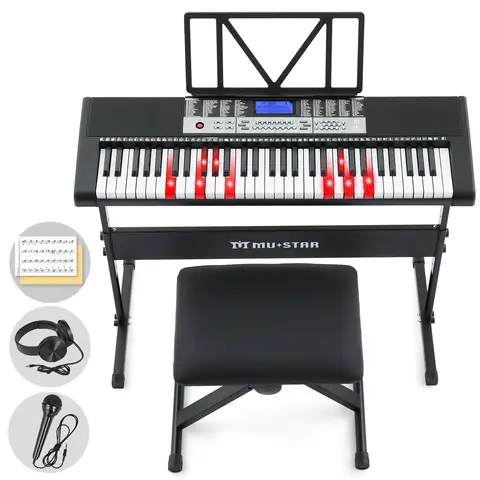 Piano Keyboard with Lighted Up Keys - MUSTAR 61 key piano keyboard is specially designed with lighted up function, it will give light hints during the process 255 Tones/Rhythms, Smart Learning System, Headphone, Microphone, Keyboard Stand, Stool, Stickers