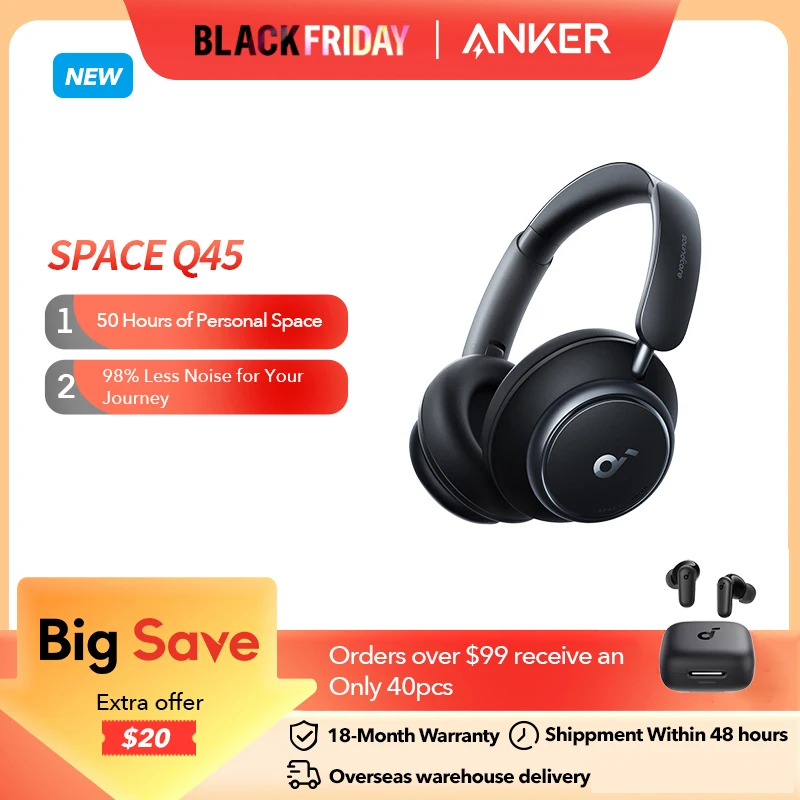 soundcore Anker Space Q45 Adaptive Noise Cancelling Headphones Ultra Long 50H Playtime App Control Hi-Res Sound Bluetooth 5.3