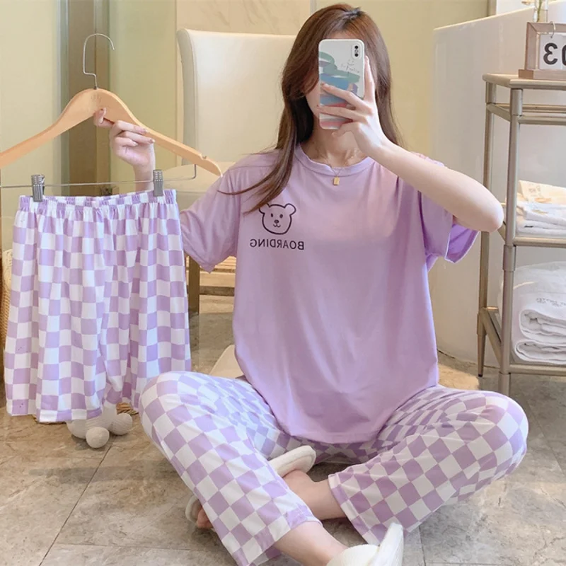 

New Summer Women's Short-sleeved Pants Cartoon Casual Women's Home Pajamas Women's Three-piece Set Pajamas Home Decoration Set