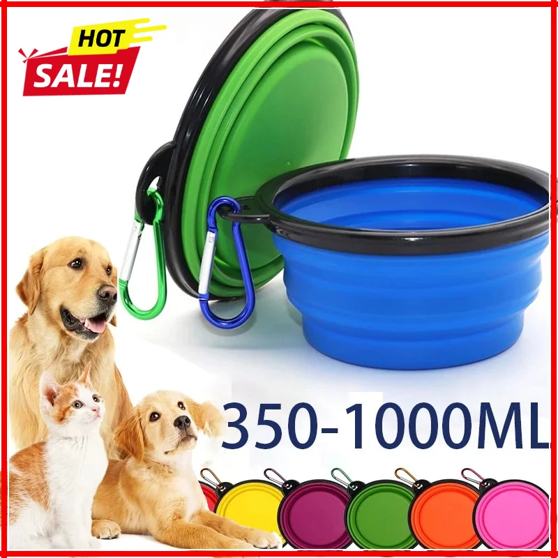 Tazón plegable portátil de silicona para perros 2 en 1, dispensador de comida para mascotas, para viajes al aire libre, para perros y gatos, con mosquetón, botella, contenedor de agua y comida.