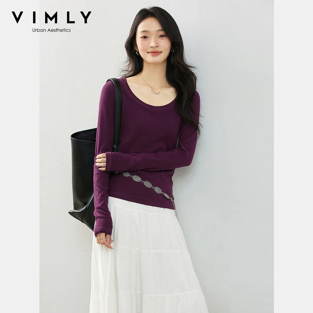 VIMLY Women's Long Sleeve Red T-shirt 2025 Autumn New Crop Knitted Double-layer Casual Slim Female Tops Woman clothes A1965