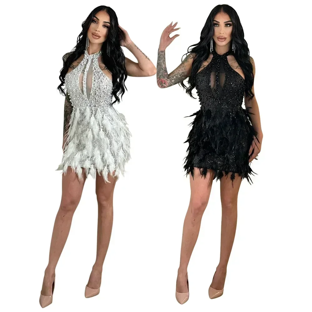 

Women Sequined Feather Sleeveless O-neck Mesh Bodycon Mini Dress 2025 New Sexy Holiday Party Evening Dresses Vestidos