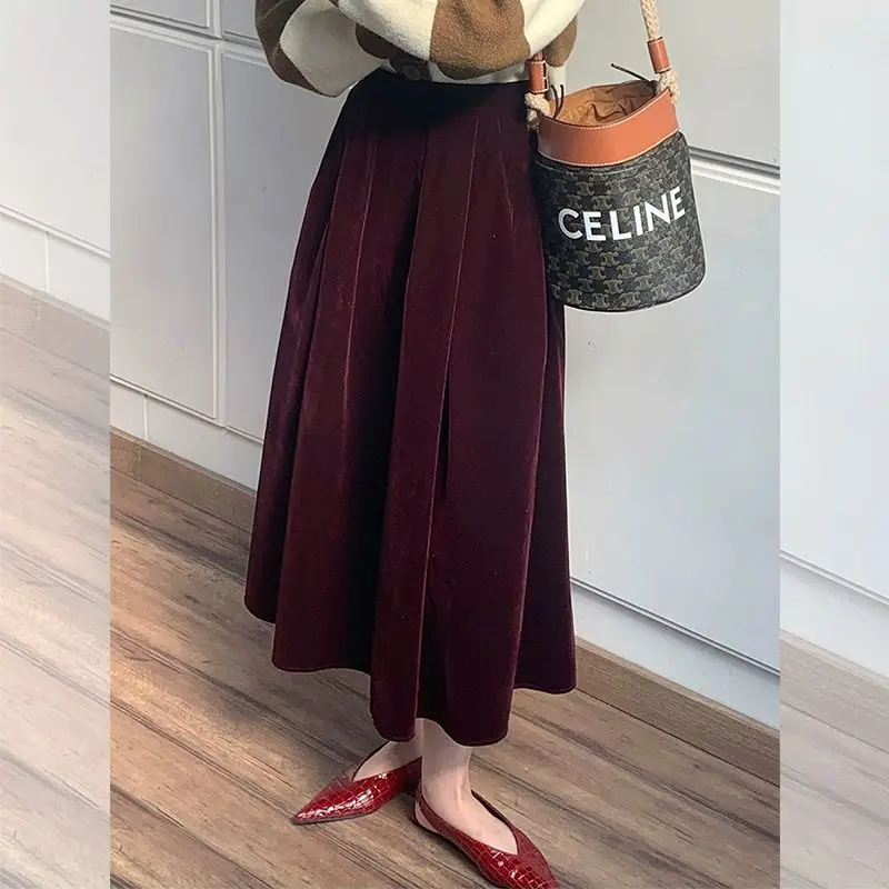 Wine Red Velvet Half Skirt for Women Elastic Waist Pleated Long Skirt