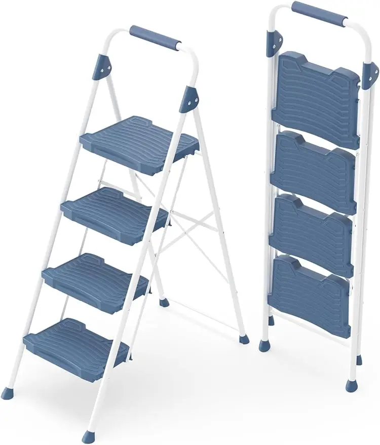 KINGRACK 4 Step Ladder, Sturdy Step Stool with Handrail, Anti-Slip Wide Pedals, Foldable Step Stool for Home, Garage, Garden,